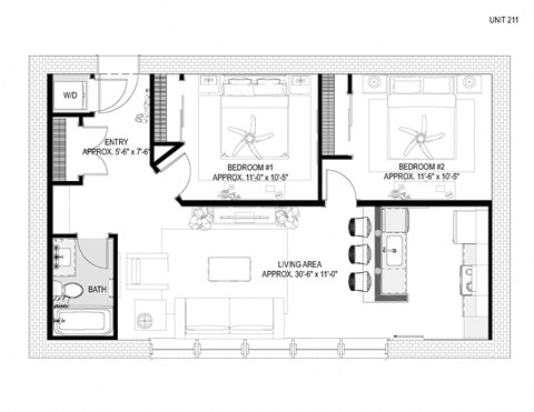 Floor plan for 2 beds, 1 bath, 938 sqft